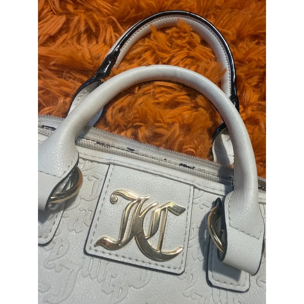 Juicy Couture Off White Embossed Logo Satchel Handbag Gold Tone Hardware Bag